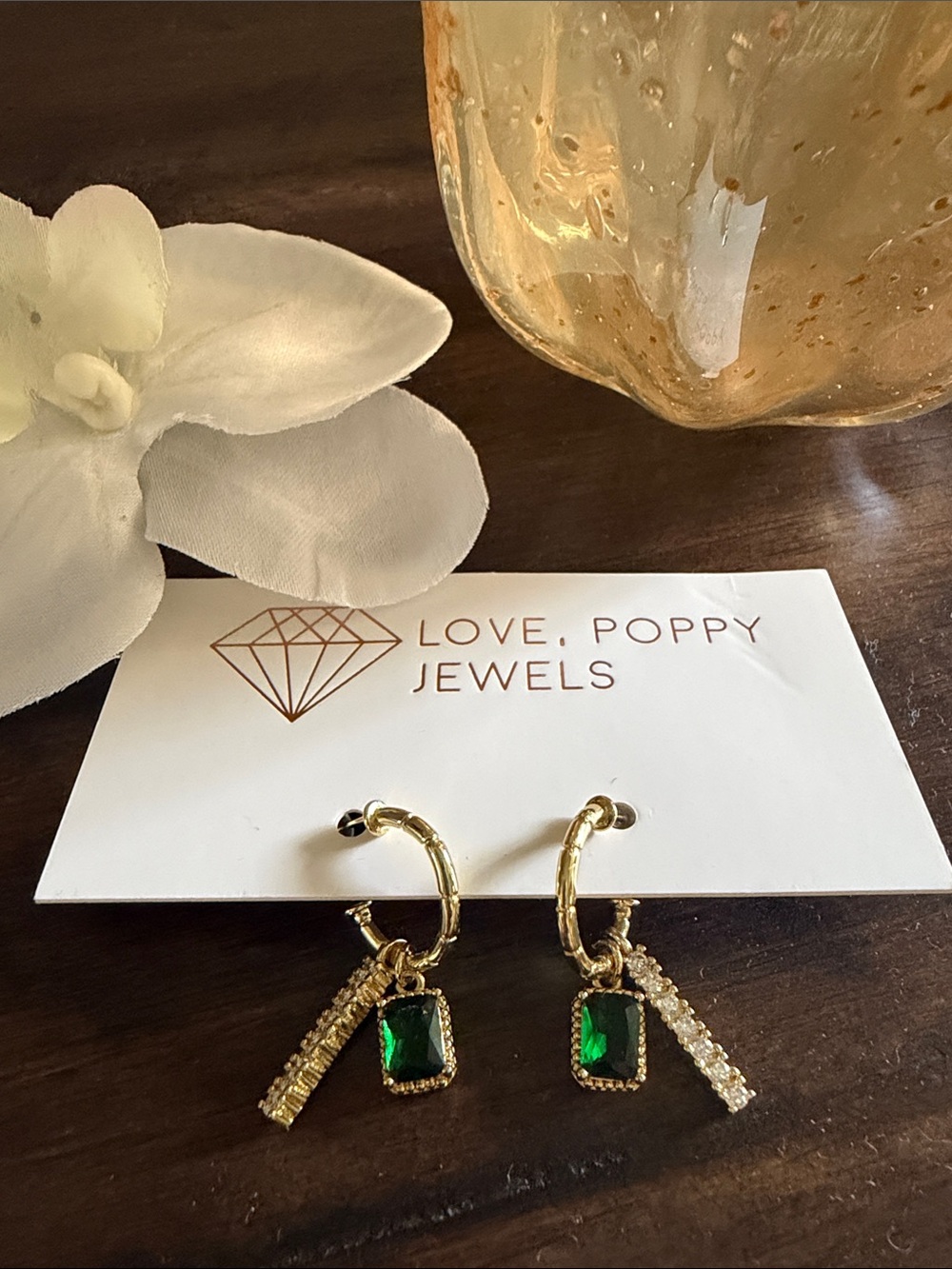 Gold Hoop Earrings with Emerald Green Stone and Crystal Bar